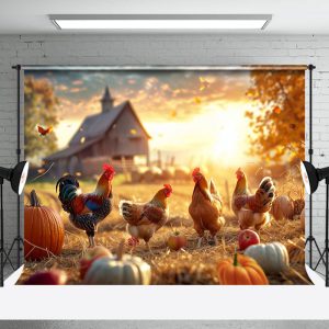 Aperturee Chickens Maple Leaves Pumpkin Autumn Farm Backdrop - Aperturee