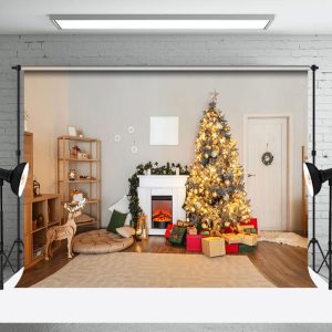 Aperturee Log Style Room Trees Fireplace Christmas Backdrop - Aperturee