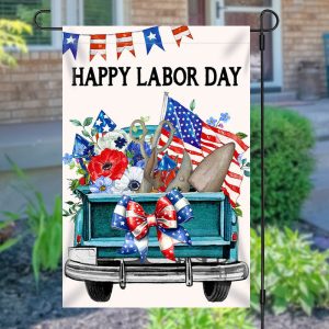 Aperturee Retro Green Car Floral Happy Labor Day Garden Flag - Aperturee