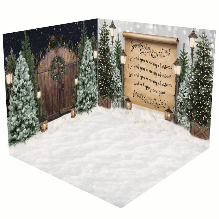 Aperturee Retro Song Wood Door Snow Christmas Room Set Backdrop - Aperturee