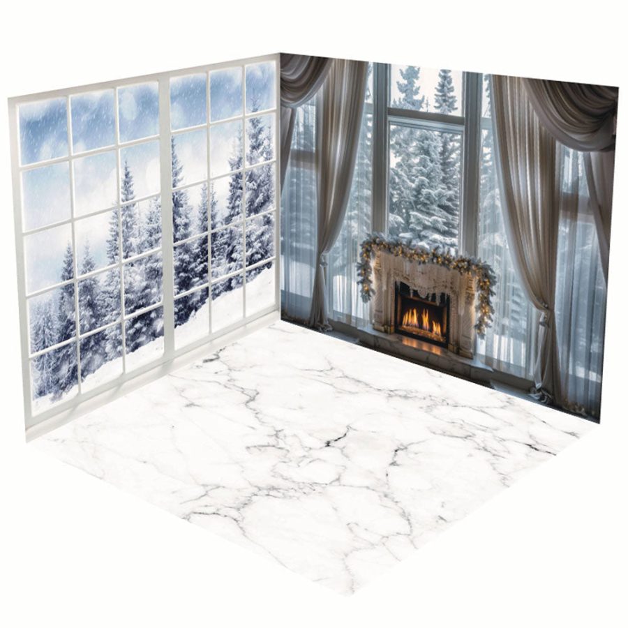 Aperturee White Window Snowy Forest Christmas Room Set Backdrop - Aperturee