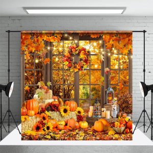 Aperturee Window Wreath Haystack Pumpkin Autumn Backdrop - Aperturee