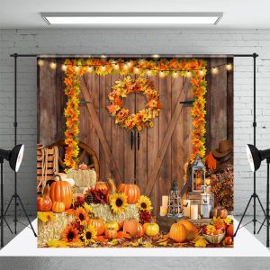 Aperturee Wood Door Autumn Wreath Pumpkin Fall Backdrop - Aperturee