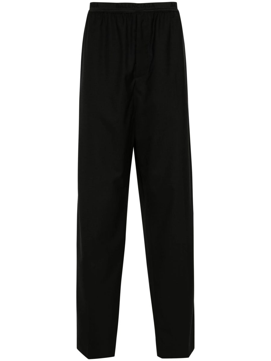 BALENCIAGA Logo-Waistband Loose-Cut Wool Trousers Black