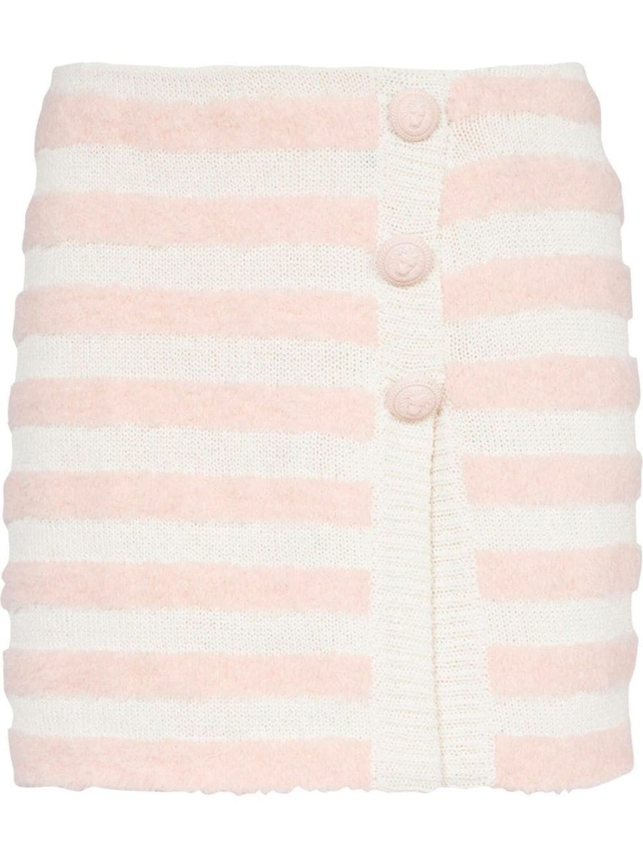 BALMAIN WOMEN Striped Knitted Button-up Skirt Pink White