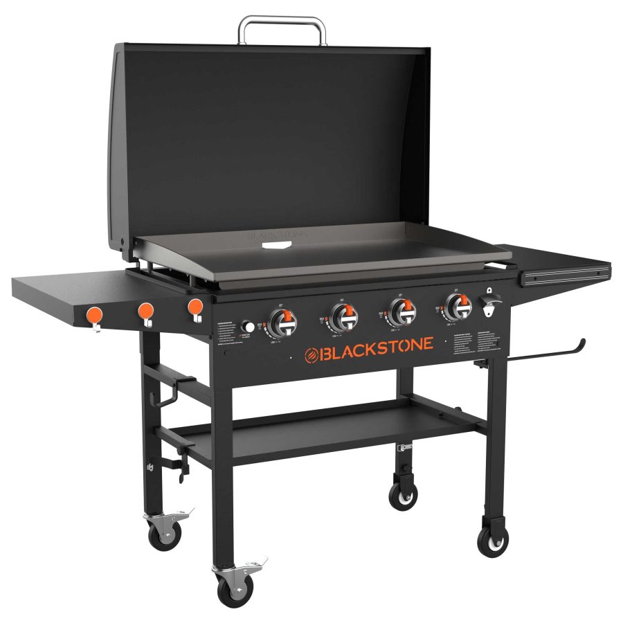 BLACKSTONE 1899 Griddle; Uses H-Style Burner For Even Heating; 36 Inch Length; Rectangular; Steel; With Hood