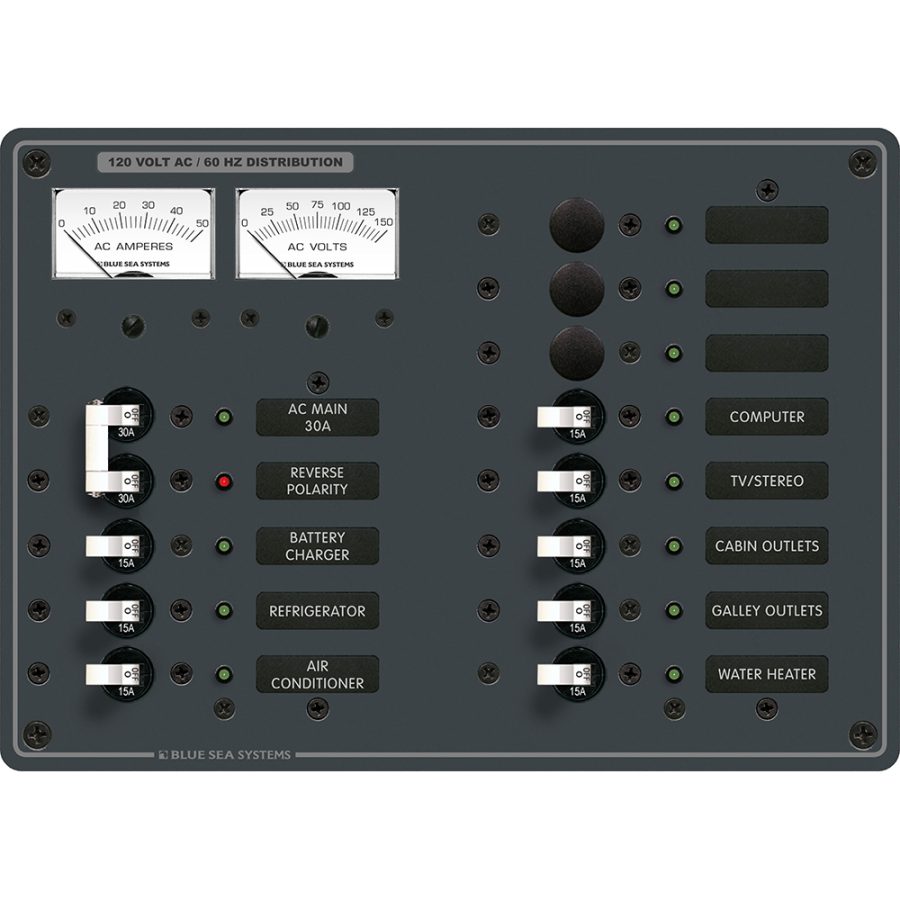 BLUE SEA 8076 AC MAIN +11 POSITIONS TOGGLE CIRCUIT BREAKER PANEL (WHITE SWITCHES)