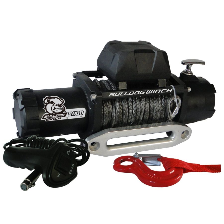 BULLDOG WINCH 10044 Standard Winch (8000lbwith 5.2hp Series Wound Motor,100ft Synthetic Rope, CNC Billet Aluminum Hawse Fairlead)