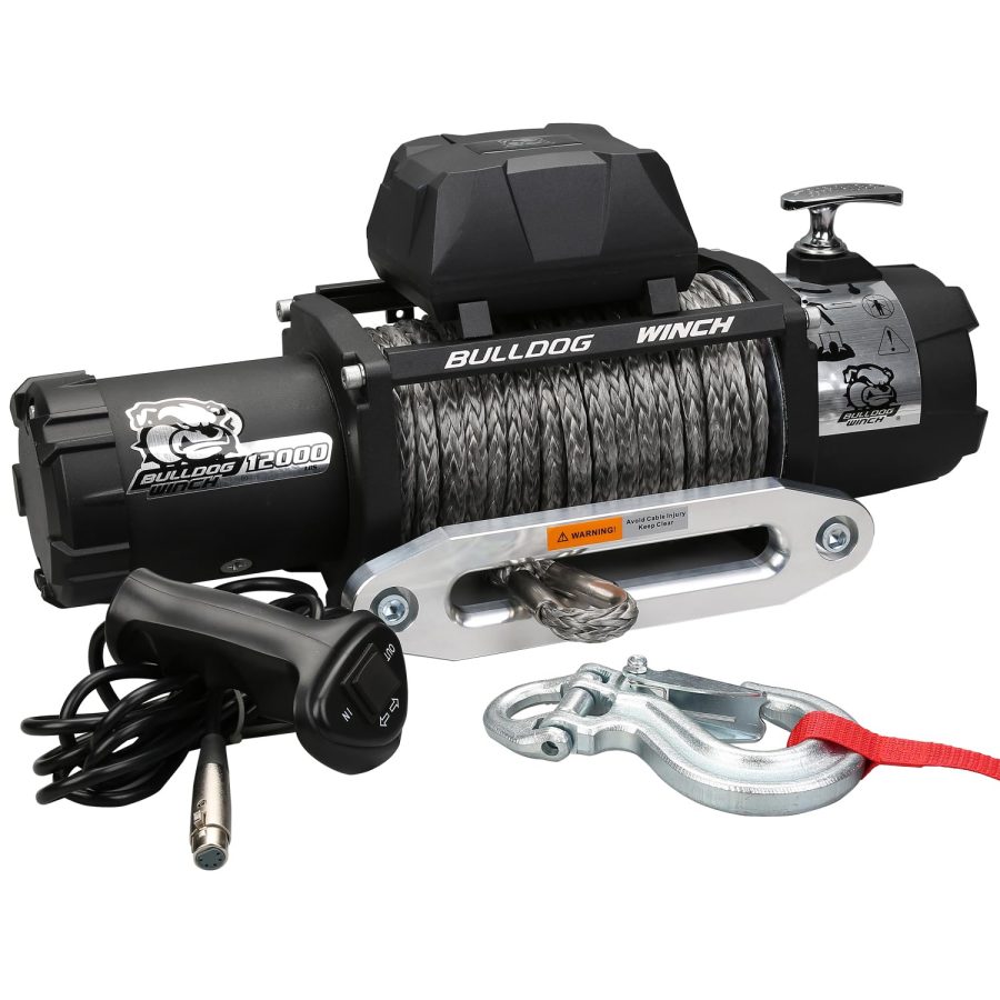 BULLDOG WINCH 10046 Standard Winch (12000lbwith 6.0hp Series Wound Motor, 100 Ft. Synthetic Rope, CNC Billet Aluminum Hawse Fairlead)