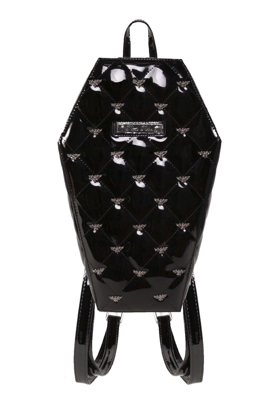 Bat Studded Quilted Faux Patent Coffin Backpack