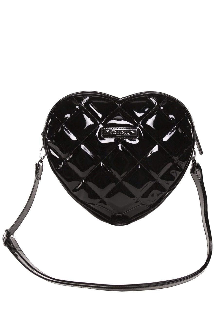 Bat Studded Quilted Faux Patent Heart Purse