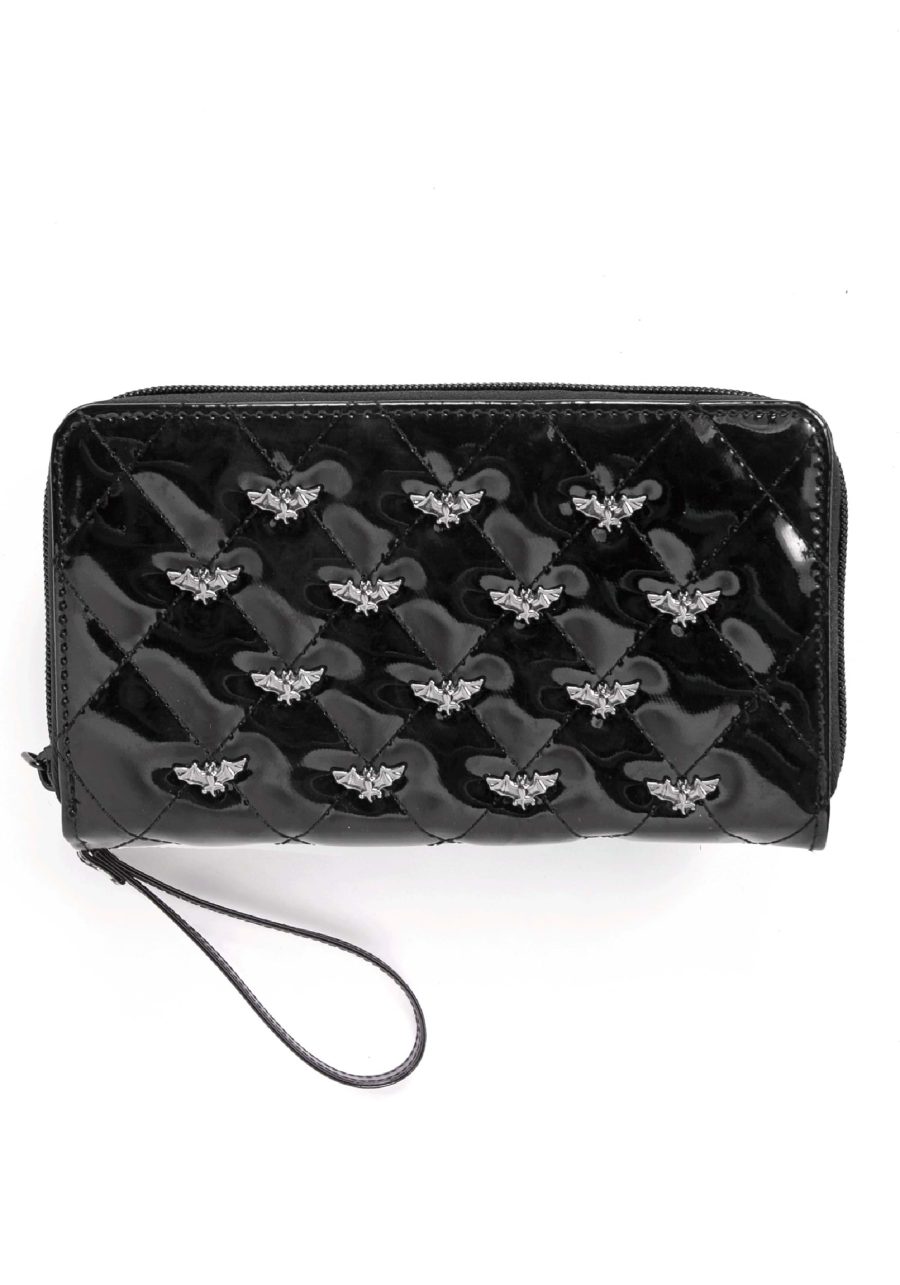 Bat Studded Quilted Faux Patent Wallet