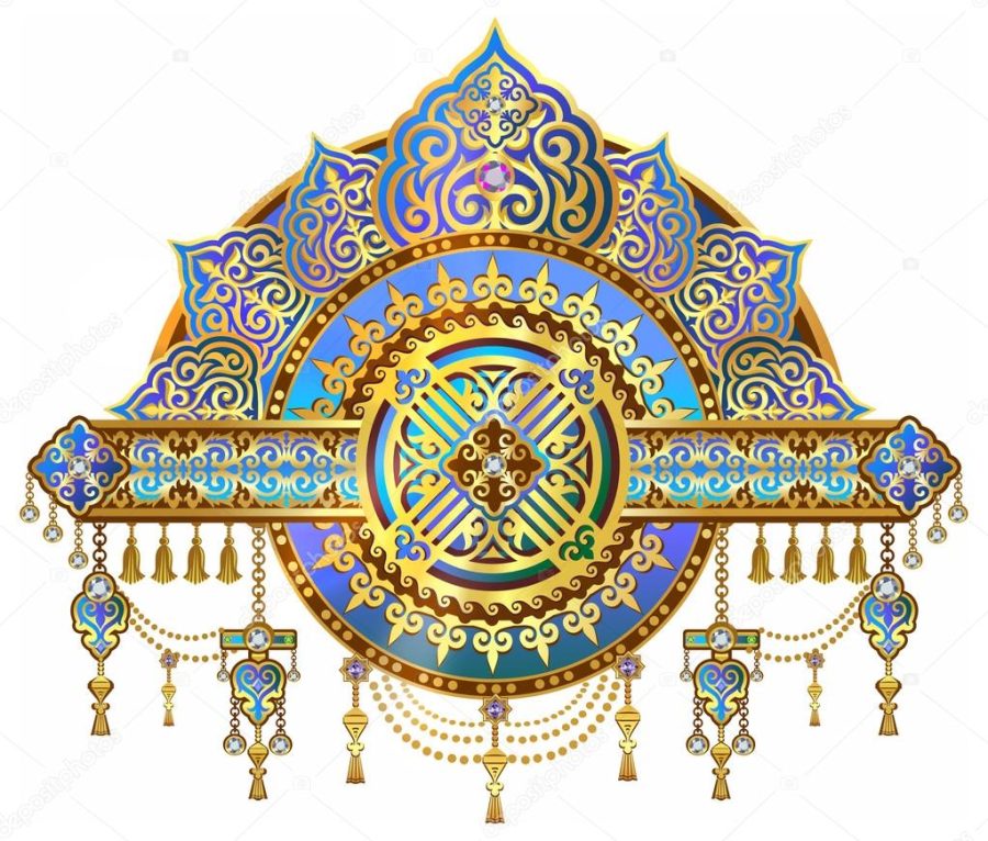 Beautiful background of cards and blank for sites, chic golden symbols of Kazakh art, art ornaments with jewels. Shanyrak - a symbol of the eastern people, a symbol of prosperity, a symbol of prosperity and household wealth. The luxury shanurak.