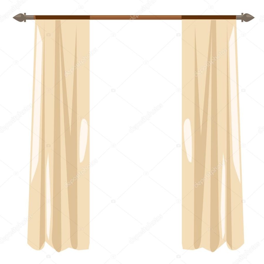 Beige kitchen curtains on ledge, vector decor