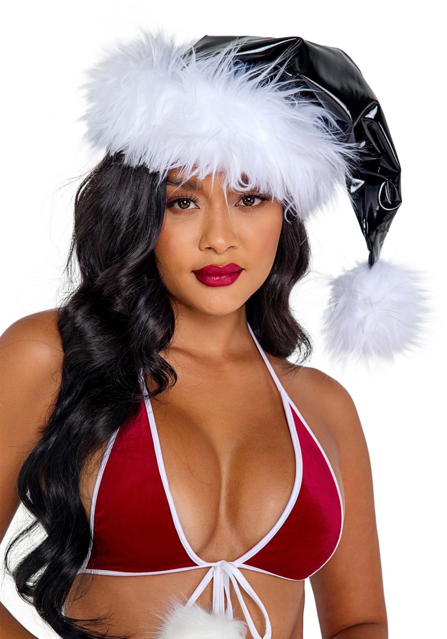 Black Faux Patent with White Faux Fur Santa Hat