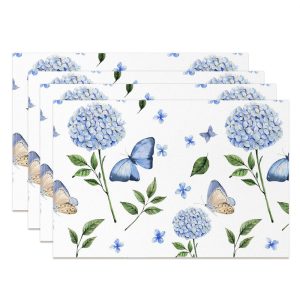 Blue Floral Butterfly Leaf Dining Set Of 4 Placemats - Aperturee