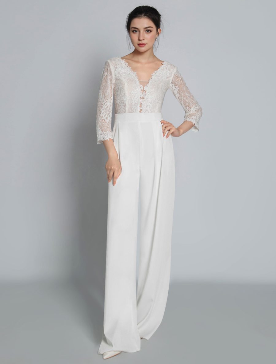 Bridal Jumpsuit Lace Lace Floor-Length Jumpsuit V-Neck 3/4 Length Sleeves Natural Waist Ivory