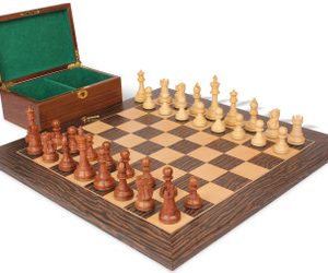 British Staunton Chess Set Acacia & Boxwood Pieces with Deluxe Tiger Ebony Board & Box - 4 King