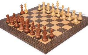 British Staunton Chess Set Acacia & Boxwood Pieces with Deluxe Tiger Ebony & Maple Board - 3.5 King