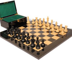 British Staunton Chess Set Ebonized & Boxwood Pieces with Black & Ash Burl Board & Box - 4 King