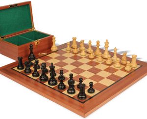 British Staunton Chess Set Ebonized & Boxwood Pieces with Classic Mahogany Board & Box - 4 King