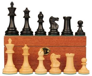 British Staunton Chess Set Ebonized & Boxwood Pieces with Mahogany Chess Box - 4 King