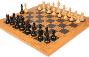 British Staunton Chess Set Ebonized & Boxwood Pieces with Olive Wood & Black Deluxe Board - 4 King