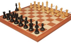 British Staunton Chess Set Ebonized & Boxwood Pieces with Sunrise Mahogany Chess Board - 4 King