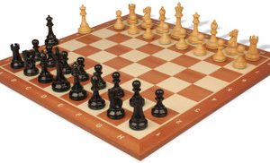 British Staunton Chess Set Ebonized & Boxwood Pieces with Sunrise Mahogany Notated Chess Board - 4 King