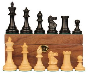 British Staunton Chess Set Ebonized & Boxwood Pieces with Walnut Chess Box - 4 King