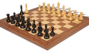 British Staunton Chess Set Ebonized & Boxwood Pieces with Walnut & Maple Deluxe Board - 4 King