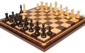 British Staunton Chess Set Ebony & Boxwood Pieces with Mission Craft Walnut Chess Board - 4 King