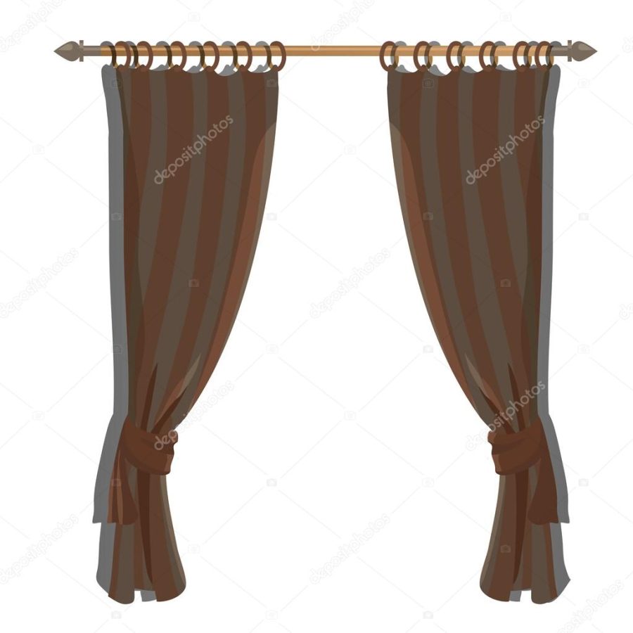 Brown kitchen curtains on the ledge, vector decor