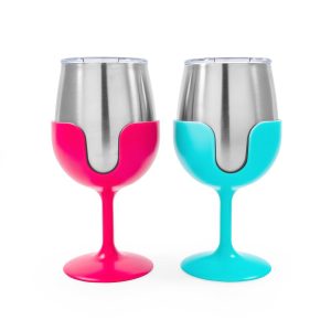 CAMCO 51915 Stainless Steel Wine Tumbler Set with Removable Fuchsia Pink and Teal Blue Wine Glass Stems- Leak Proof Lid, Vacuum Insulated, BPA Free 8 oz