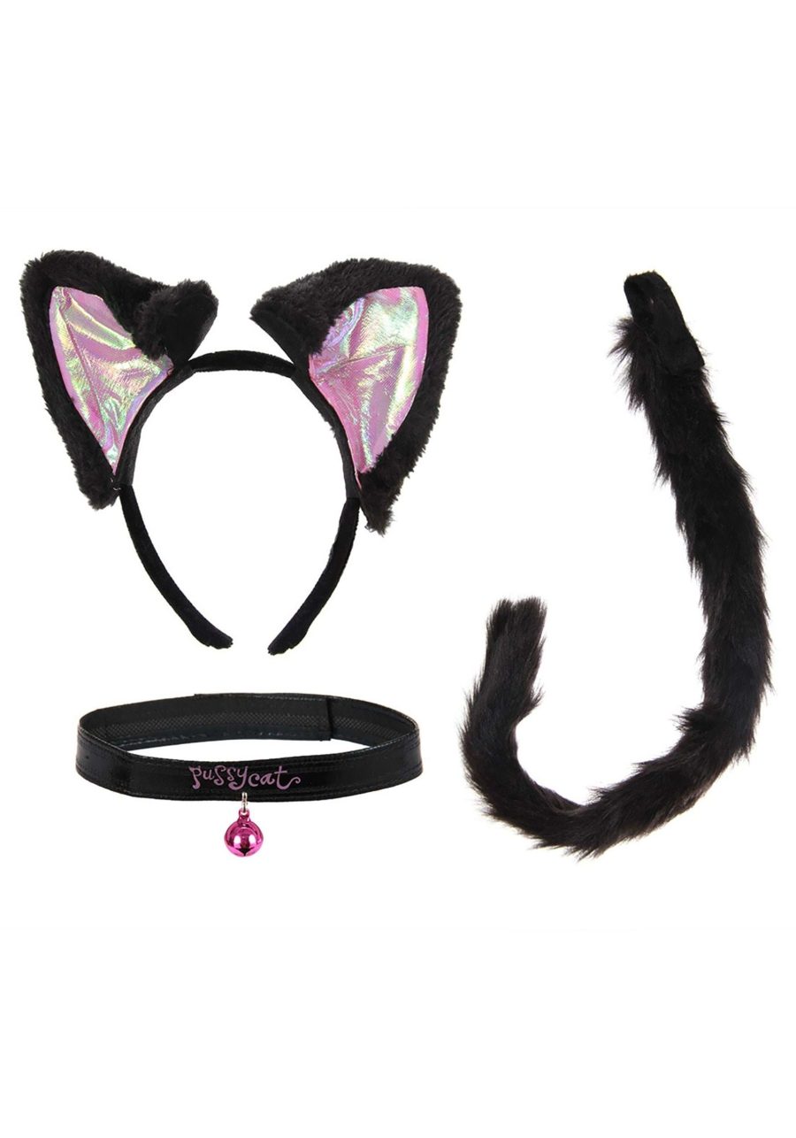 Cat Ears Headband Collar & Tail Kit Black & Pink