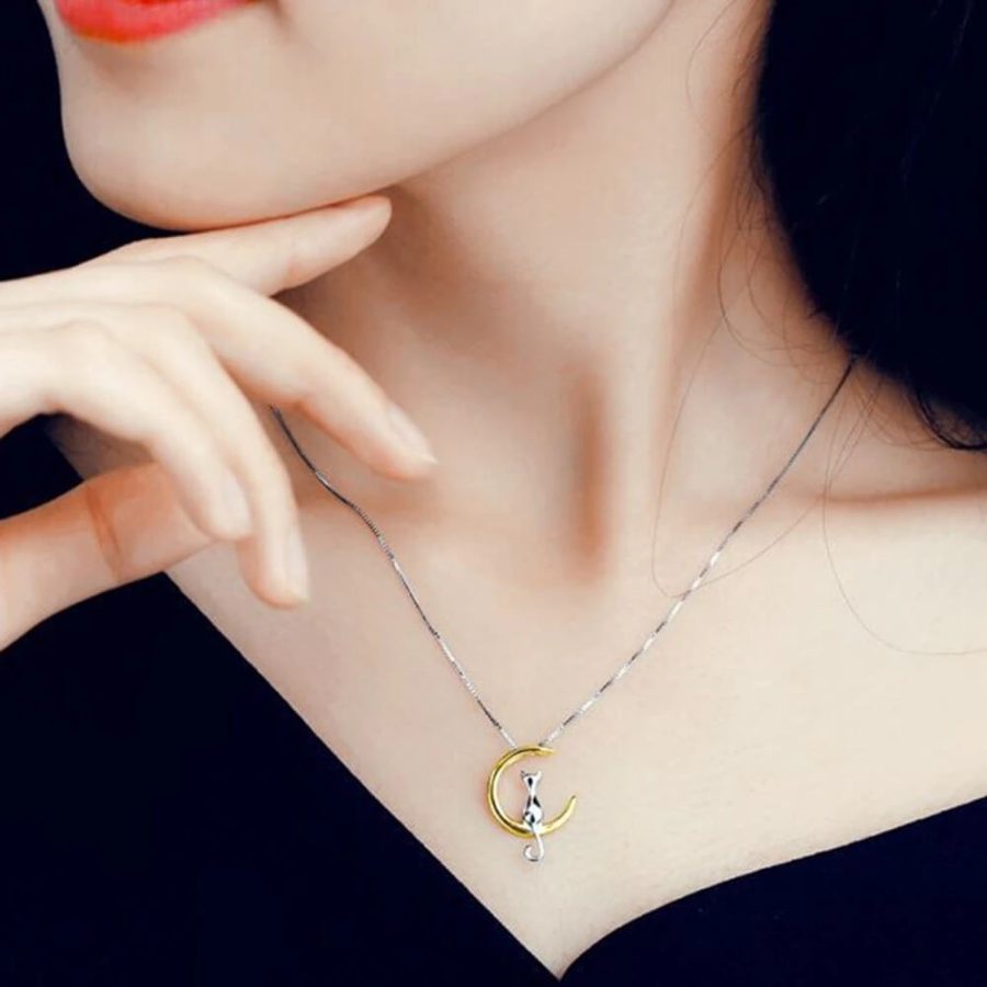 Cat & Moon Pendant Necklace Jewelry