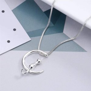 Cat & Moon Pendant Necklace Jewelry