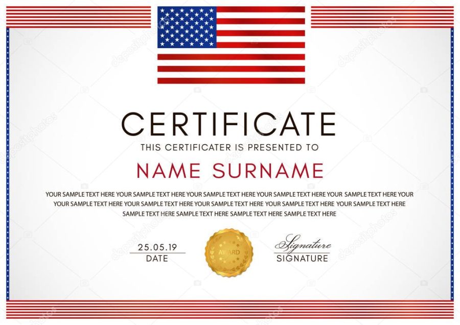 Certificate template with American flag (USA) frame and gold badge. White background design for Diploma, certificate of appreciation or award