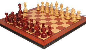 Chetak Staunton Chess Set in Padauk & Boxwood with Padauk & Bird's Eye Maple Molded Edge - 4.25 King