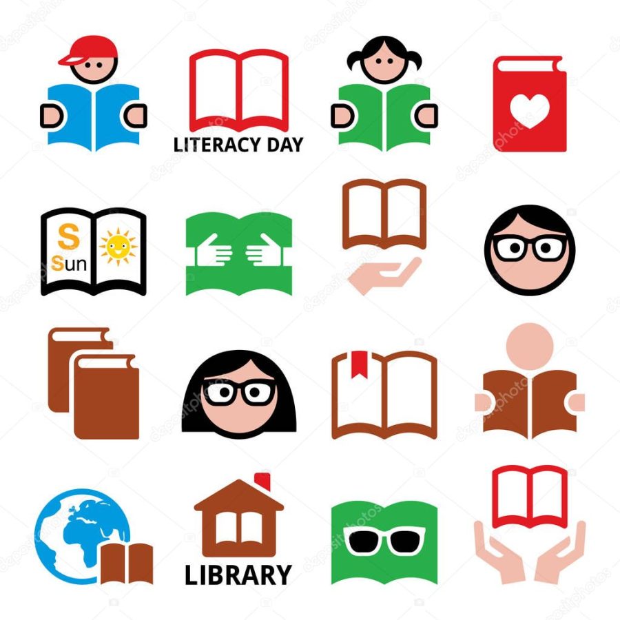 Children and adults reading books, International Literacy Day icons