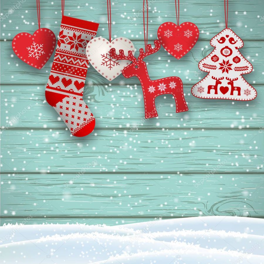 Christmas folklore decorations hanging in front of blue wooden wall, illustration