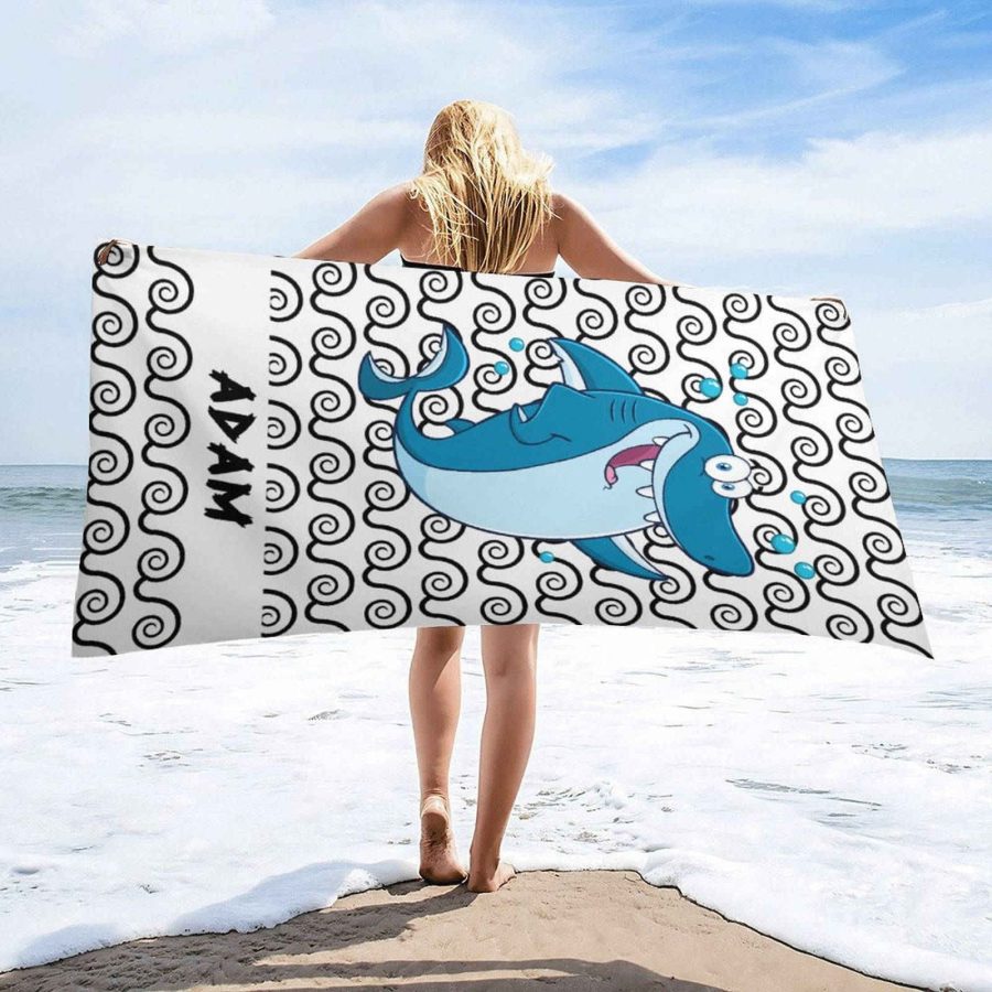 Custom Name White Wave Shark Boy Beach Towel - Aperturee