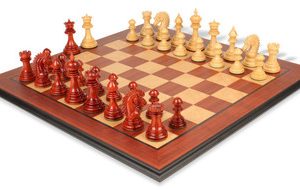 Cyrus Staunton Chess Set Padauk & Boxwood Pieces with Padauk & Bird's Eye Maple Molded Edge Board - 4.4 King