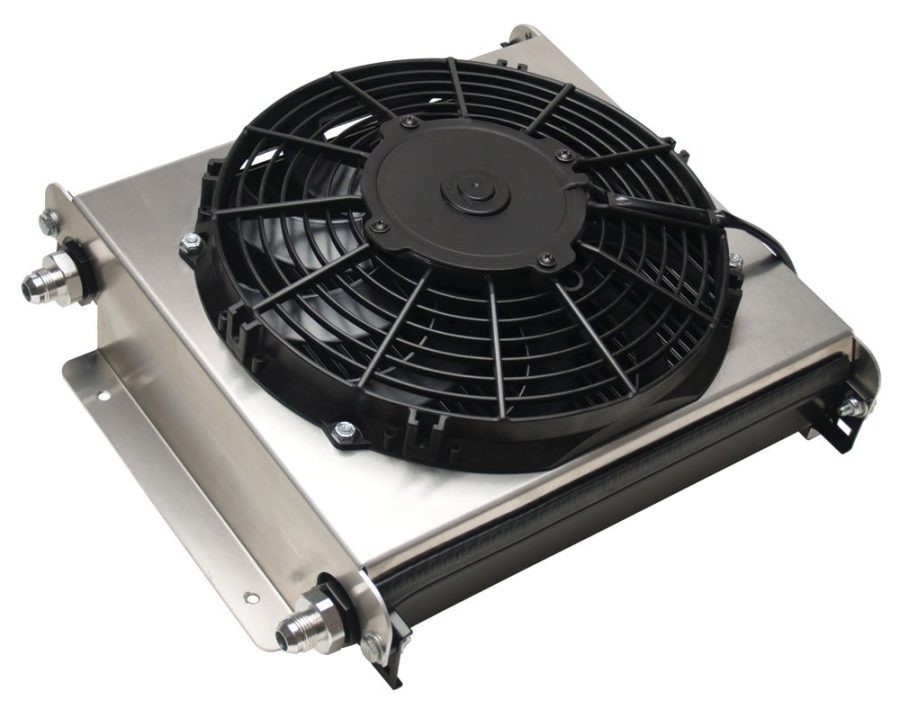 DERALE 15870 Fluid Cooler; Hyper-Cool; For Engine Oil/ Transmission Fluid; 13 Inch Width X 14-7/8 Inch Height X 5-5/8 Inch Depth; AN Fitting; -8 AN Inlet; -8 AN Outlet; With 800 Cubic Feet Per Minute Electric Fan