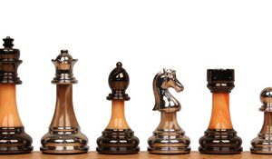 Decorative Staunton Silver & Black Anodized Chess Set with Brown Ash Burl Board - 3.5 King