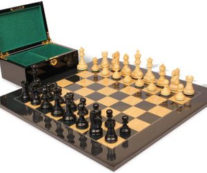 Deluxe Old Club Staunton Chess Set Ebonized & Boxwood Pieces with Black & Ash Burl Board & Box - 3.25 King