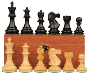 Deluxe Old Club Staunton Chess Set Ebonized & Boxwood Pieces with Classic Mahogany Board & Box - 3.25 King