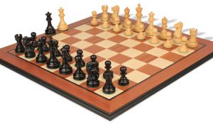 Deluxe Old Club Staunton Chess Set Ebonized & Boxwood Pieces with Mahogany & Maple Molded Edge Board - 3.25 King