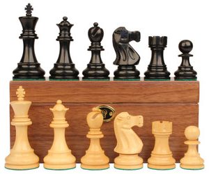 Deluxe Old Club Staunton Chess Set Ebonized & Boxwood Pieces with Walnut Board & Box - 3.25 King