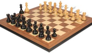 Deluxe Old Club Staunton Chess Set Ebonized & Boxwood Pieces with Walnut & Maple Molded Edge Board - 3.25 King